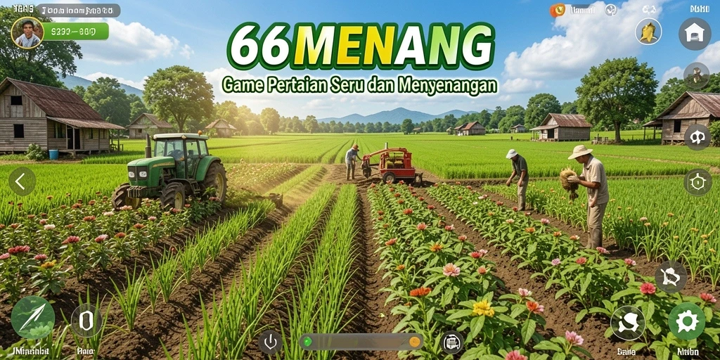 Tampilan gameplay seru dari 66MENANG dengan ladang hijau dan aktivitas bertani.