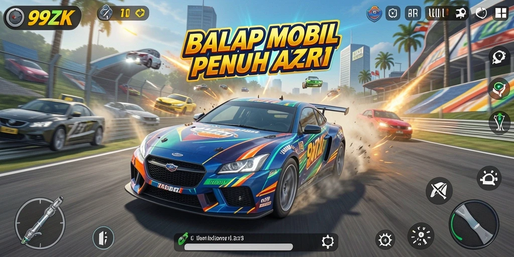 Gameplay mendebarkan dengan mobil balap cepat di 99ZK.