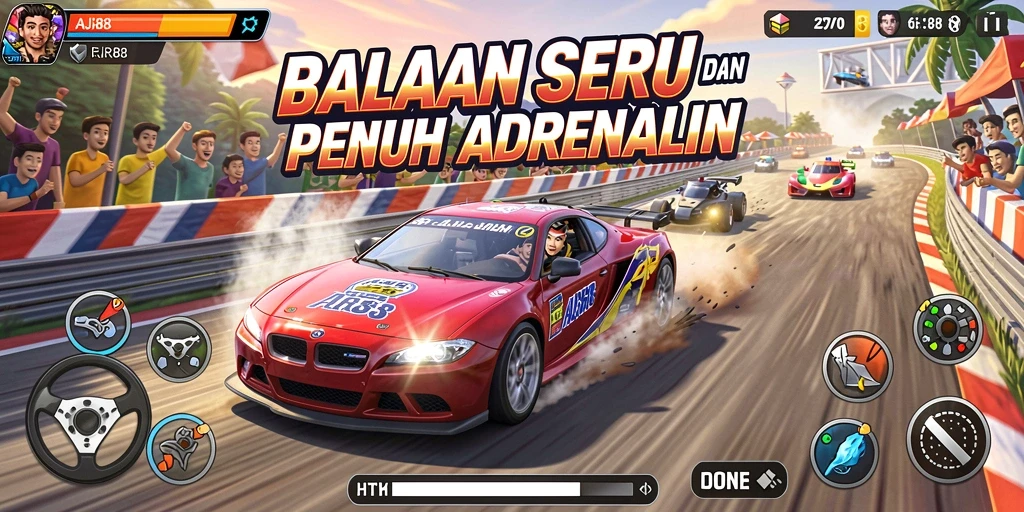 Screenshot utama AJR88 menampilkan aksi balapan yang intens dan menegangkan.