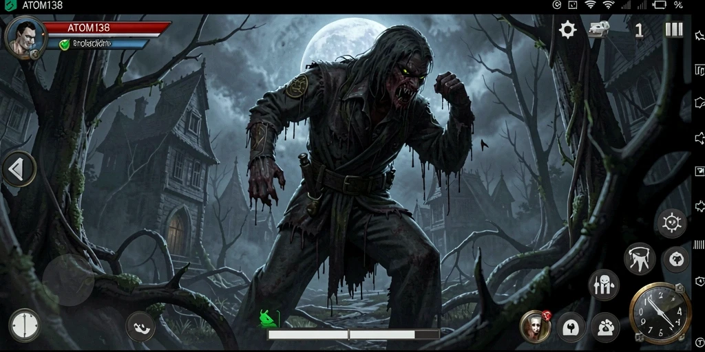 Screenshot gameplay ATOM138 menampilkan suasana horror yang mendebarkan.