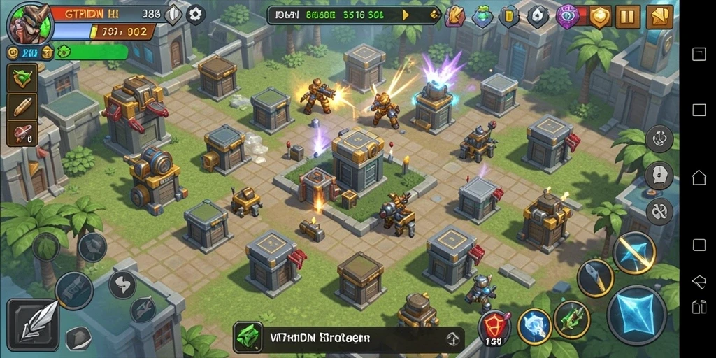 Tampilan gameplay GTPIDN menunjukkan menara yang membela dari serangan musuh.