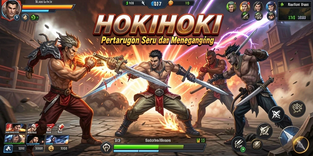 Tangkapan layar HOKIHOKI menampilkan pertarungan seru dan karakter dinamis dalam aksi.