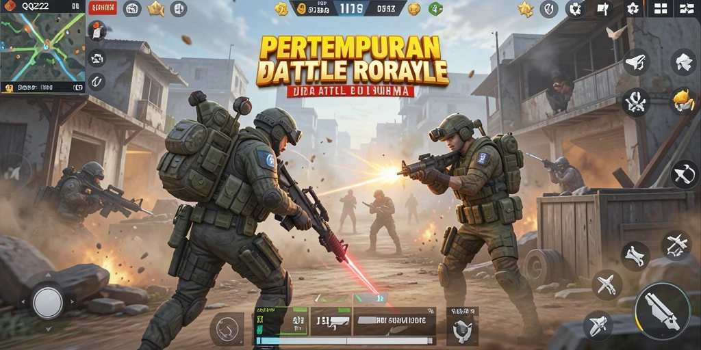 Gameplay intens dan seru dalam QQ222, pertempuran Battle Royale.